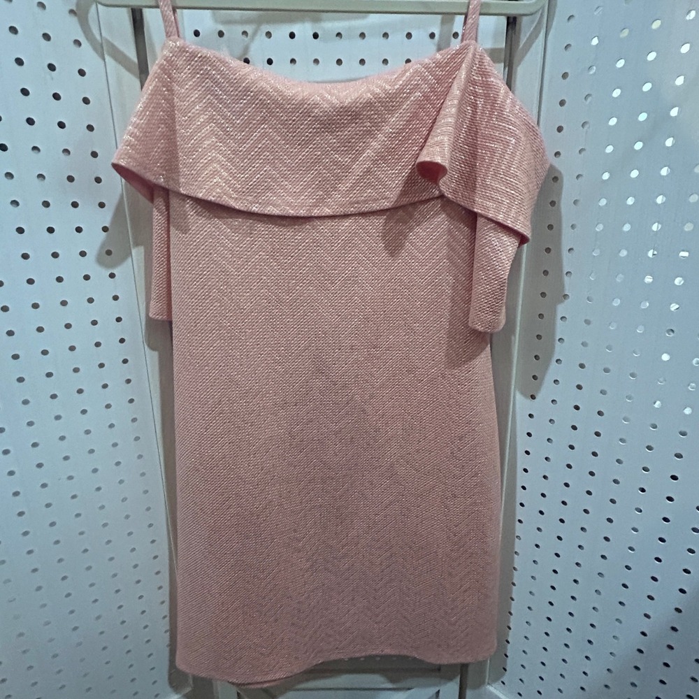 Audrey Ann Pink Textured Cold Shoulder Ruffle Dress Metallic Patterned - Picture 6 of 9